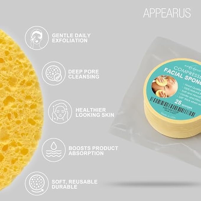 Appearus FACE SPONGE - COMPRESSED NATURAL CELLULOSE FACIAL SPONGES | MADE IN USA | COSMETIC SPA SPONGES FOR FACIAL CLEANSING AND EXFOLIATING (25 COUNT) (NATURAL) - Image 2